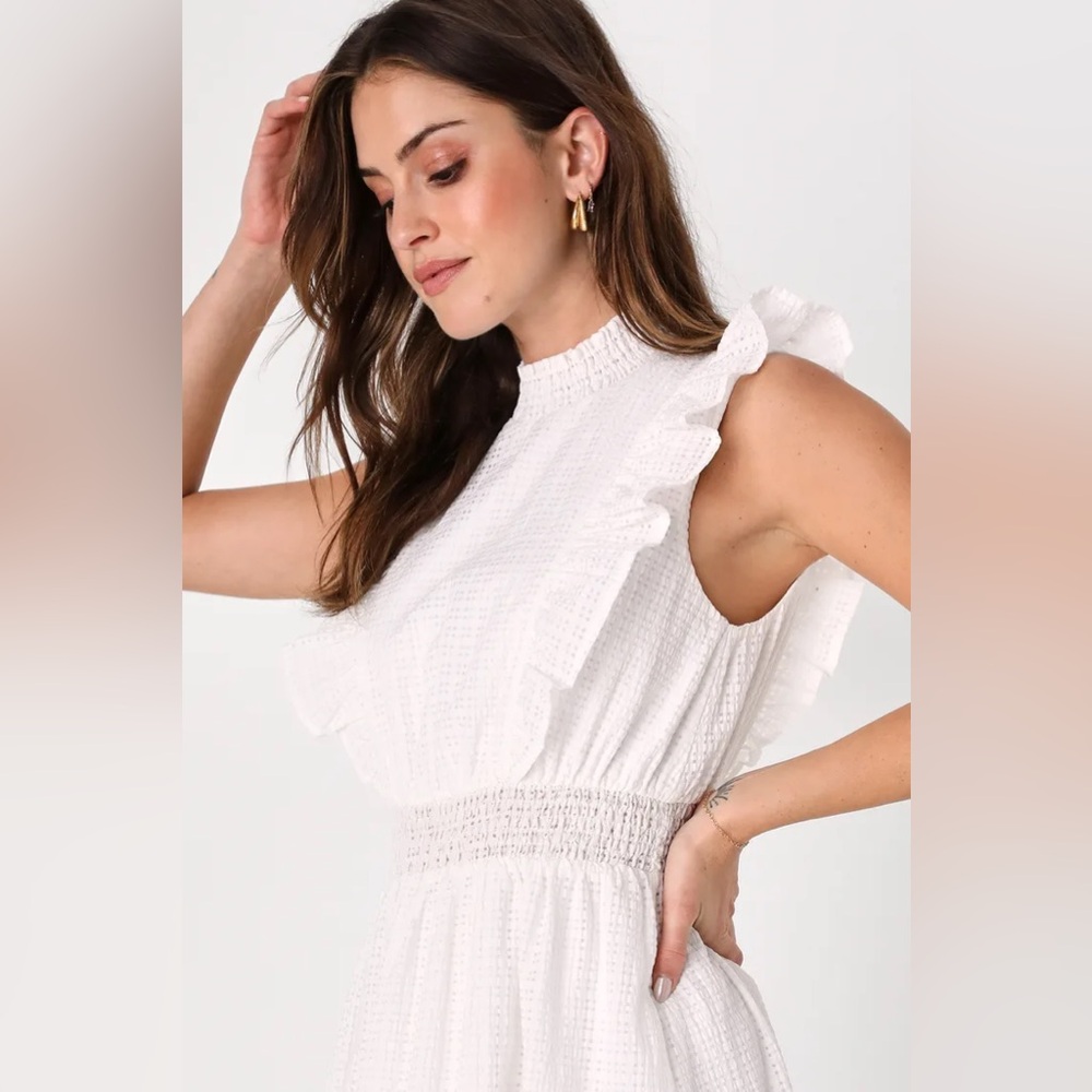 Lulus, Countryside Charm White Ruffled Mock Neck Midi Dress, size M